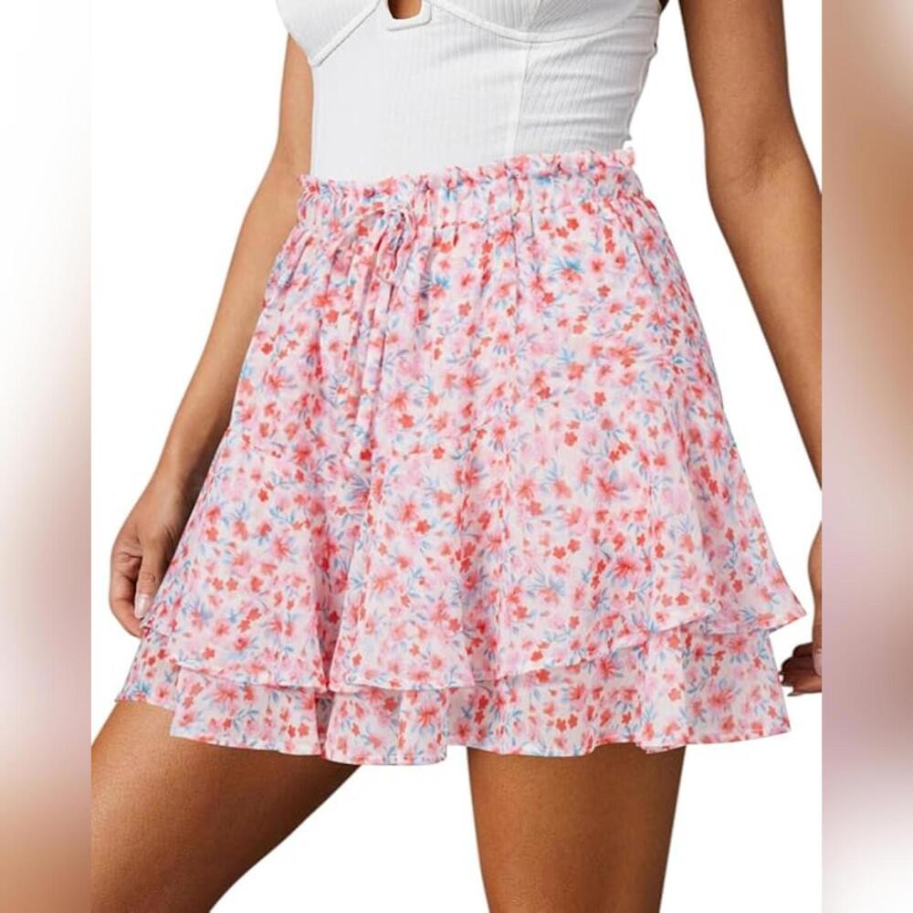 NWT Aoudery Flowy Casual Boho Floral Ruffle Mini Skirt Skorts, Chiffon, Large